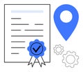 Certificate with Badge, Location Marker, and Settings Gears for Quality Assurance and Service Delivery Royalty Free Stock Photo