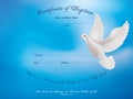 Certificate baptism template with dove on blue background