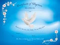 Certificate baptism template with dove and and flowery frame on blue background