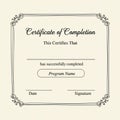 Certificate of Completion with an ornate black border on a beige background. Text Royalty Free Stock Photo