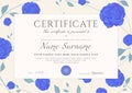 Certificate of completion template with flowers blue Roses and Green floral pattern frame leaves. Royalty Free Stock Photo