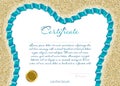 Certificate or diploma for a dental clinic with a aquamarine colored ribbon in the shape of a tooth on a background of gold sparkl