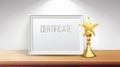 Certificate Diploma With Golden Cup Vector. Print Blank. Business Graduation. A4 Frame. Display Stand. 3D Realistic