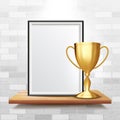 Certificate Diploma With Golden Cup Vector. Achievement Design. Best Prize. A4 Frame. Display Stand. 3D Realistic