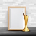 Certificate Diploma With Golden Cup Vector. Elegant Document. Modern Gift. A4 Frame. Display Stand. 3D Realistic