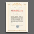 Certificate or diploma vertical template. Vintage vertical gold frame on a plain security mesh background. Gratitude, victory,