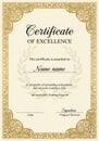 Certificate of Excellence featuring an ornate gold border with intricate floral patterns Royalty Free Stock Photo