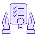 Certificate in hands flat icon. Warranty list blue icons in trendy flat style. Document certified gradient style design