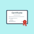 Certificate icon with red ribbon. Achievement or award grant, diploma concepts. Illustration