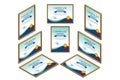 Certificate isometric view straight, left, right, top. Certificate template of achievement border template with badge