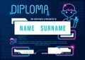 Certificate kids coding diploma, kindergarten template layout neon light technology vector