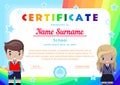 certificate with the little girl and boy students in school uniform, rainbows,the sky and stars Royalty Free Stock Photo