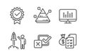 Certificate, Music making and Launch project icons set. Checkbox, Pyramid chart and Accounting wealth signs. Vector