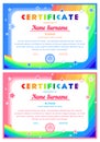 certificate with a rainbow,the sky and stars in a cartoon style