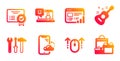 Certificate, Smartphone cloud and Spanner tool icons set. Swipe up, Web report and Guitar signs. Vector