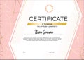Certificate with gold lines on soft pink background. Modern fashion horisontal Certificate template. Elegant diploma in vector