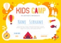 Certificate summer camp kids diploma, kindergarten template layout nature eco vector