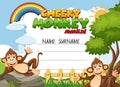 Certificate template for cheeky award with monkeys in background