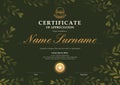 Certificate template with dark green floral leaf pattern ackground. Certificate of appreciation, award diploma template Royalty Free Stock Photo