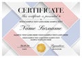 Certificate template with diagonal line pattern in red, blue, silver colors and gold wax seal
