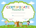 Certificate template with kids planting trees