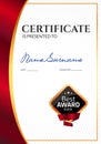 Certificate template luxury award. Vector business diploma with seal stamp. Gift coupon or success achievement