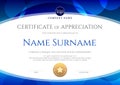 Certificate template with oval shape on blue background. Certificate of appreciation, award diploma design template.