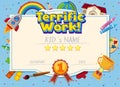 Certificate template for terrific work with school and equipments in background