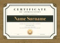Certificate template with vintage frame on wooden background. Certificate of appreciation, award diploma design template. Royalty Free Stock Photo