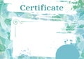 Certificate template for business design. Watercolor abstract frames, green and blue gradient with leave texture.