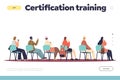 Certification training landing page with group of people sitting on chairs listen to lecturer