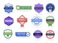 Certified badge. Company partner tag, checked expert or master accreditation stamp and product certification mark vector