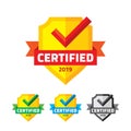 Certified badge with shield, ribbon and checkmark - business symbol. Vector sign of origin and quality.