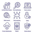 Certified Ethical Hacking CEH icon set showing virus, exposing vulnerabilities, and hacker