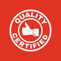 The certified quality and thumbs up icon. Approval, approbation, certification, accepted symbol. Flat