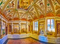 Panorama of Studiolo, the preserved medieval room in Certosa Mus