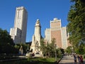 Cervantes monument in between skyscrapers on 'Plaza de espana' square, Madrid