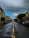 Cervantes Street in San Francisco against the Golden Gate Bridge on a rainy day Royalty Free Stock Photo