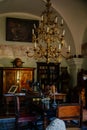 Cervena Lhota, South Bohemia, Czech Republic, 9 October 2021: Castle interior with baroque wooden carved furniture, study with