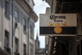 Cerveza Corona logo in front of a local retailer bar in Belgrade.