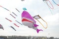 Cervia, Ravenna - Italy: 2019 01 05 ARTEVENTO CERVIA - International Kite Free Festival big pink shark