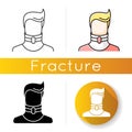 Cervical fracture icon. Broken neck. Human in neck brace, collar. Medical device. Healthcare. Treatment. Injury, trauma