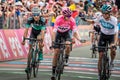 Cervinia, Italy 26 May 2018: Chris Froome congratulates his team-mate on the finish line Royalty Free Stock Photo