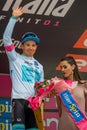 Cervinia, Italy 26 May 2018: Miguel Angel Lopez, Astana Pro Team, in White jersey on the podium Royalty Free Stock Photo