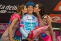 Cervinia, Italy 26 May 2018: Miguel Angel Lopez, Astana Pro Team, in White jersey on the podium Royalty Free Stock Photo