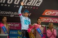 Cervinia, Italy 26 May 2018: Miguel Angel Lopez, Astana Pro Team, in White jersey on the podium Royalty Free Stock Photo