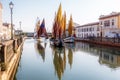 Cesenatico, Emilia Romagna Romagna, Italy, July 2020: Colorful Sailboat in canal harbor of Cesenatico
