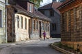 Street with residential houses in the old town of Cesis, Latvia Royalty Free Stock Photo