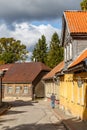 Street with residential houses in the old town of Cesis, Latvia Royalty Free Stock Photo