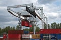 Ceska Trebova, Czech Republic - 20.4.2019: Container train terminal company METRANS. Cranes for loading containers. Railway